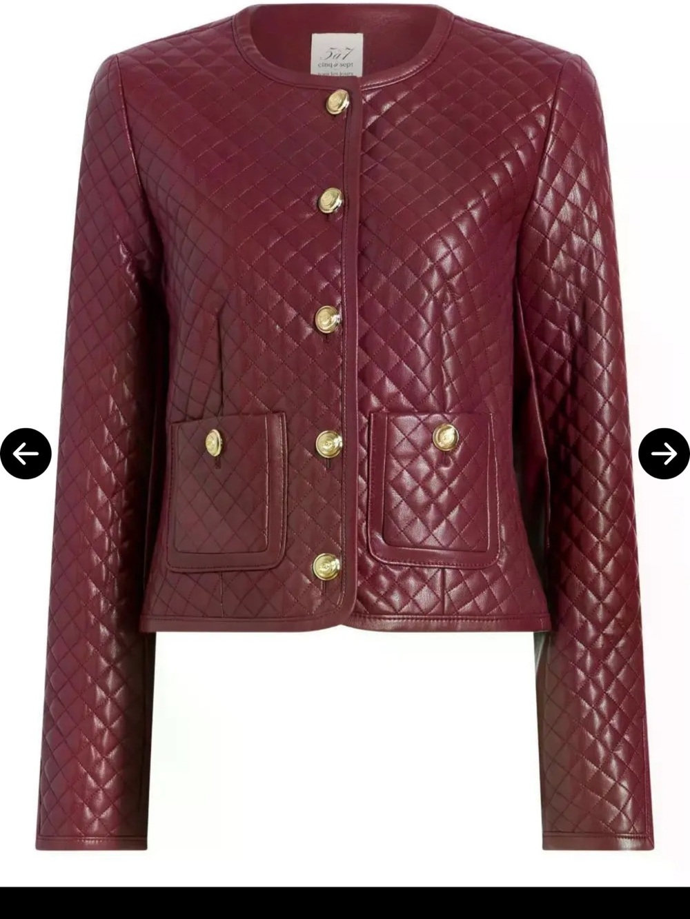 Cinq à Sept Quilted Burgundy Faux Leather Brooke Jacket with Gold Buttons Size M